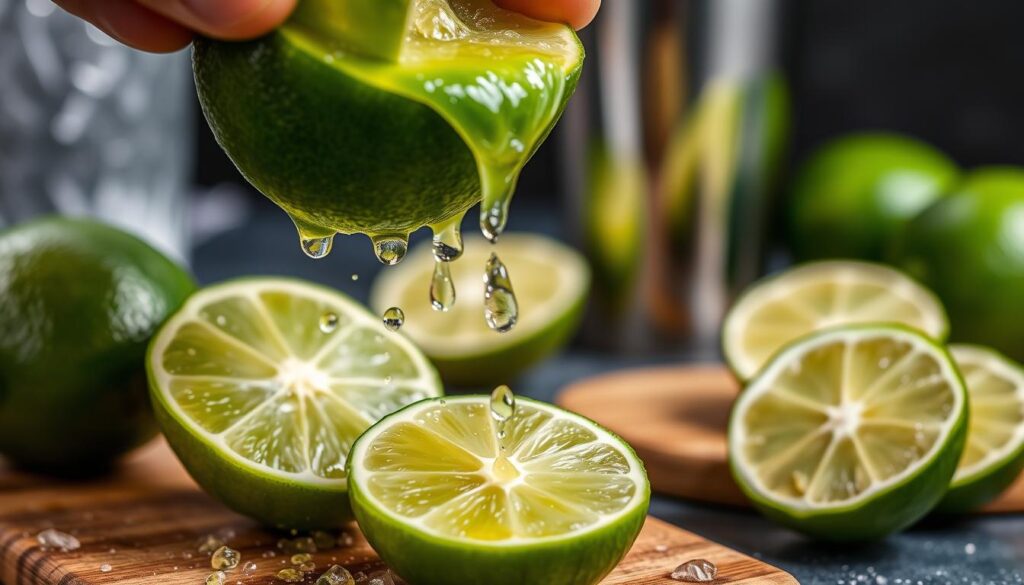 Fresh-squeezed lime juice in cocktail preparation