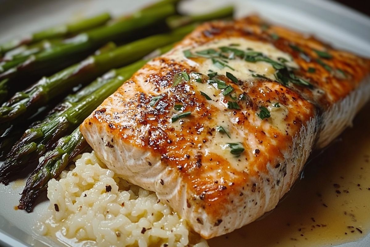 Baked Salmon with Asparagus & Butter Sauce